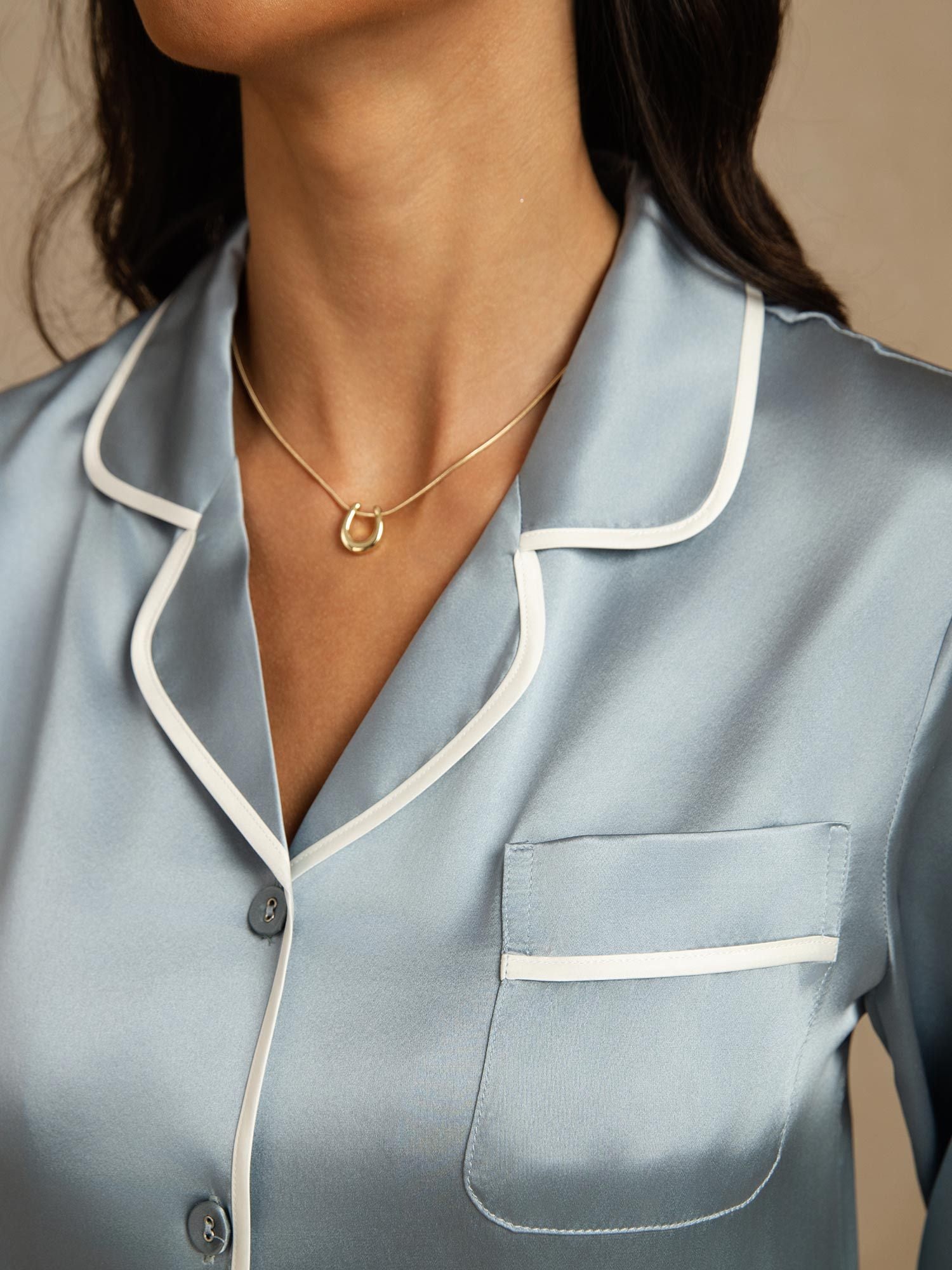 [GrayishBlue] SilkSilky-AU Pure Silk Lapel Collar Women's Pyjamas 004