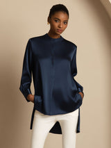 [Dark Blue] SilkSilky-AU 19Momme Stretch Silk Charmeuse Long Sleeve Stand Collar Blouse 007