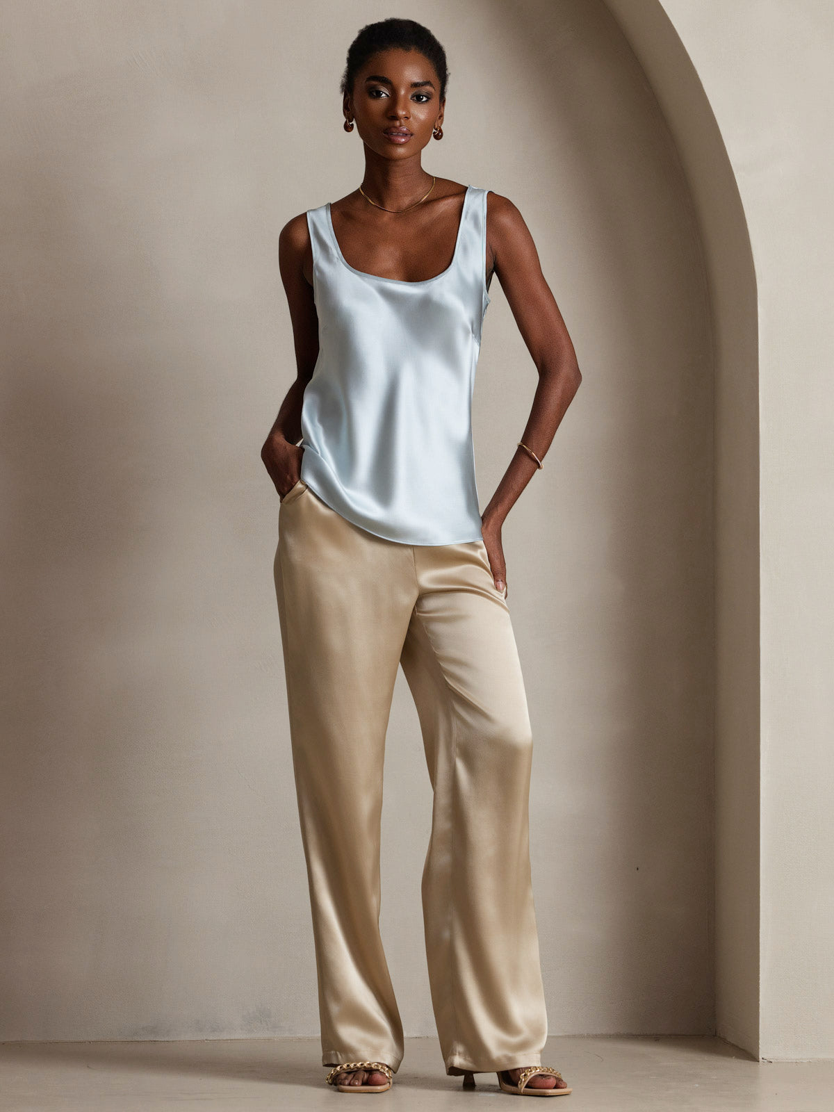 [Light Blue] SilkSilky-AU 19Momme Silk Sleeveless U Neck Camisole 008