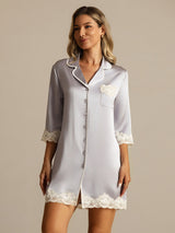 [Lavender] SilkSilky-AU Pure Silk Lapel Collar Nightshirt 009