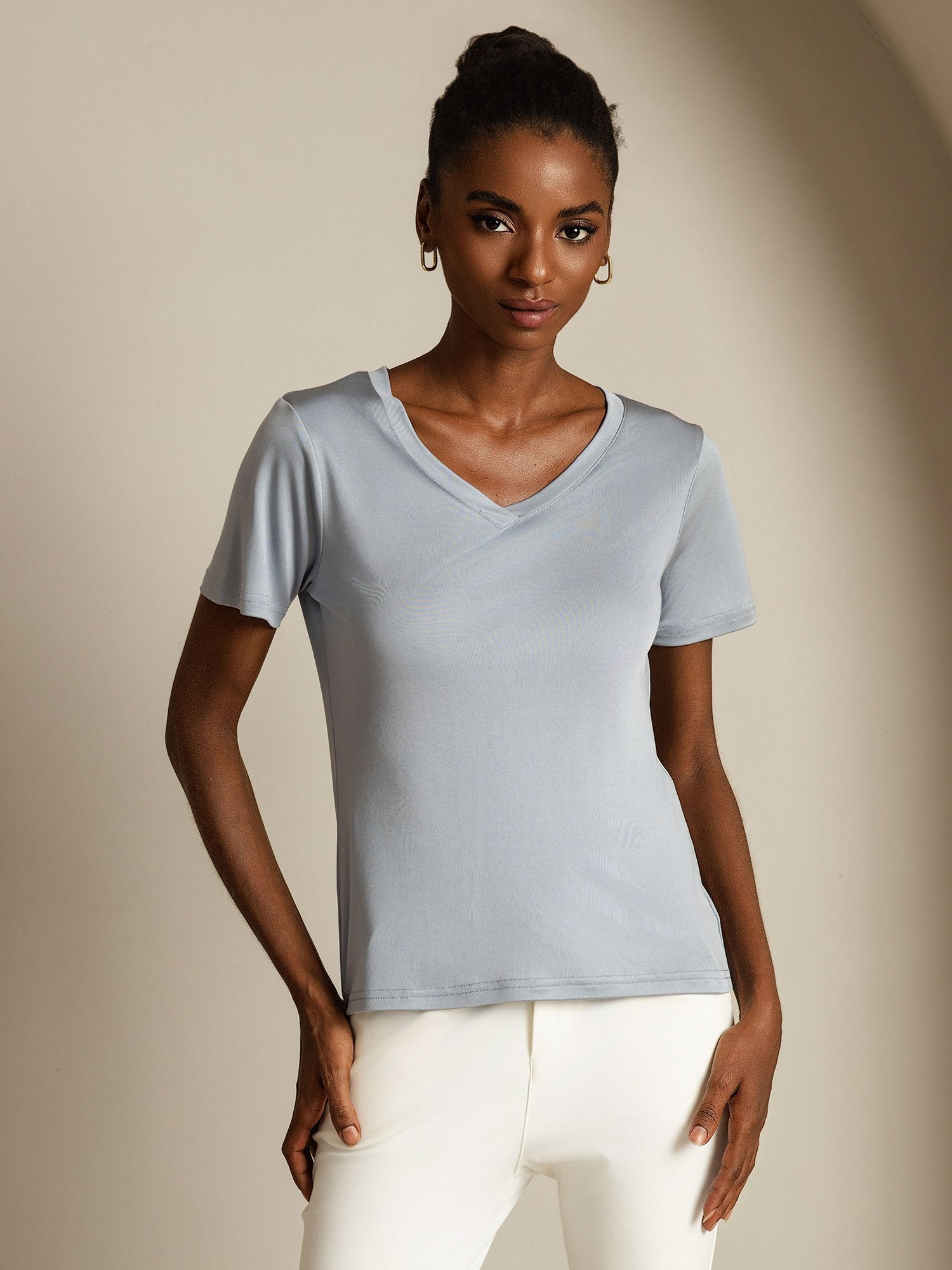 [LightGray] SilkSilky-AU Pure Silk V Neck Women's T-Shirt 003