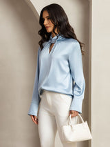 [Grayish Blue] SilkSilky-AU 19Momme Silk Keyhole Neck Women's Shirt 007