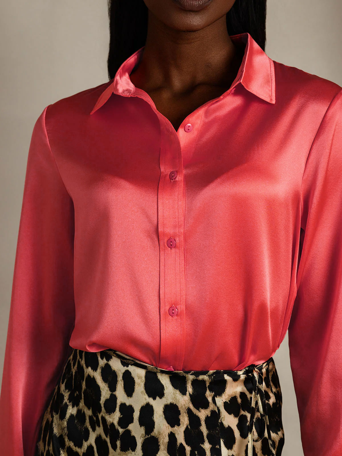 [Imperial Red] SilkSilky-AU 19Momme Stretch Silk Charmeuse Long Sleeve Lapel Collar Women's Shirt 009