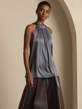 [Dark Gray] SilkSilky-AU 19Momme Stretch Silk Charmeuse Sleeveless Halter Women's T-Shirt 007