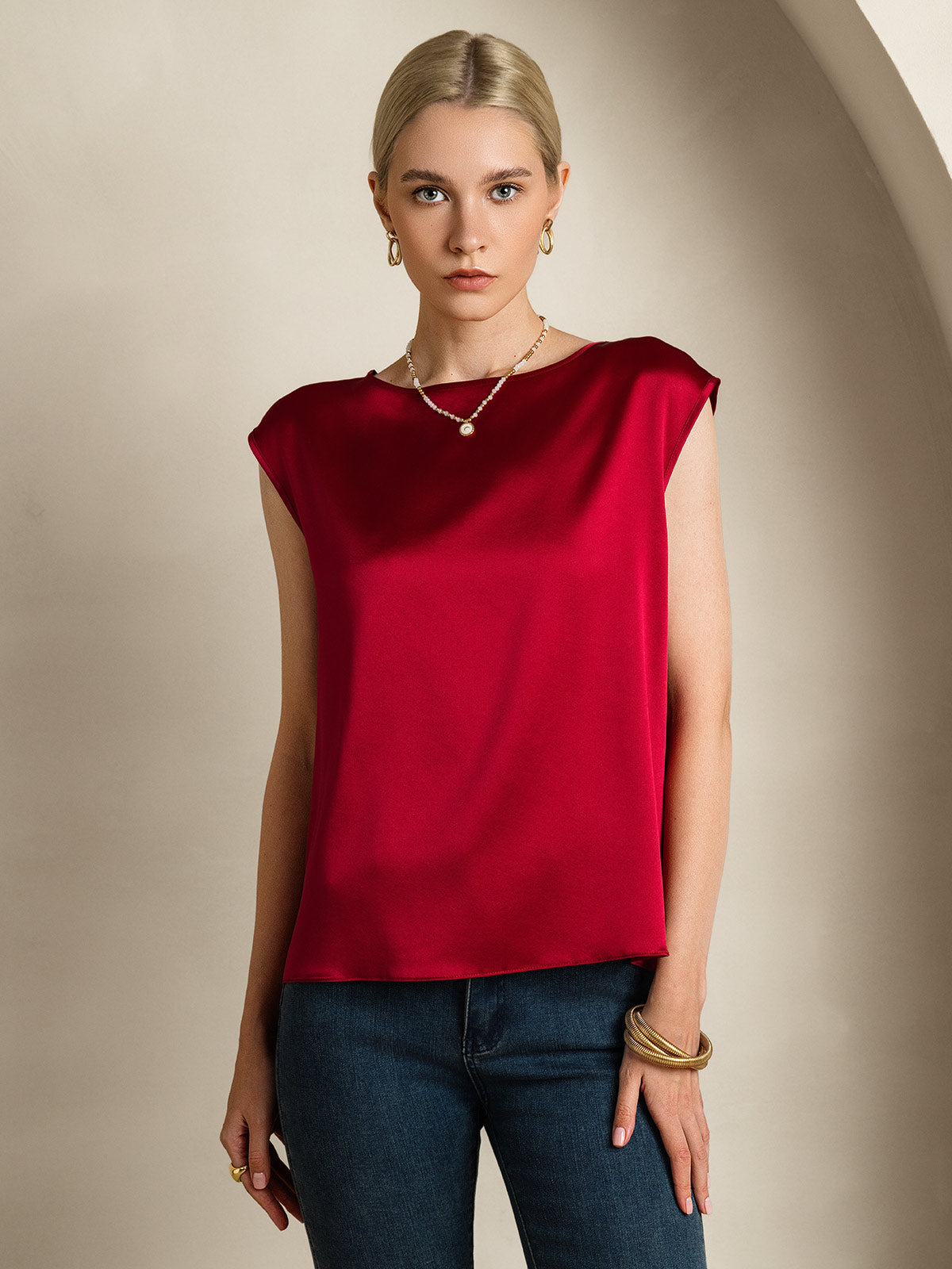 [Wine] SilkSilky-AU 19Momme Stretch Silk Charmeuse Cap Sleeve Round Neck Women's T-Shirt 004