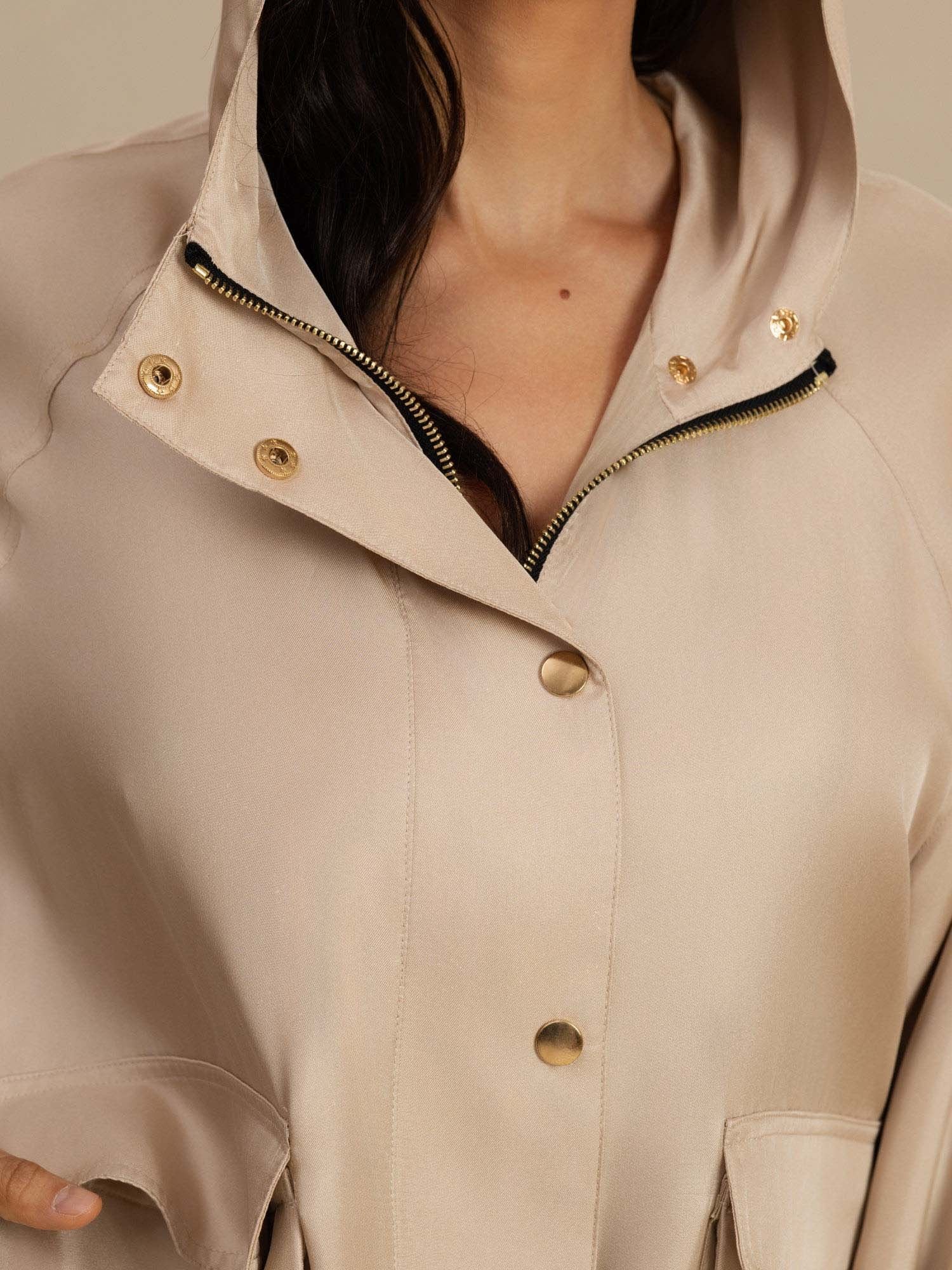 [Tan] SilkSilky-AU Silk Satin Surah Long Sleeve High Neck Women's Outerwear 007