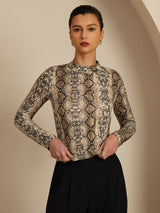 [Snakeskin] SilkSilky-AU 100% Silk Jersey Long Sleeve Mock Neck Women's T-Shirt 004