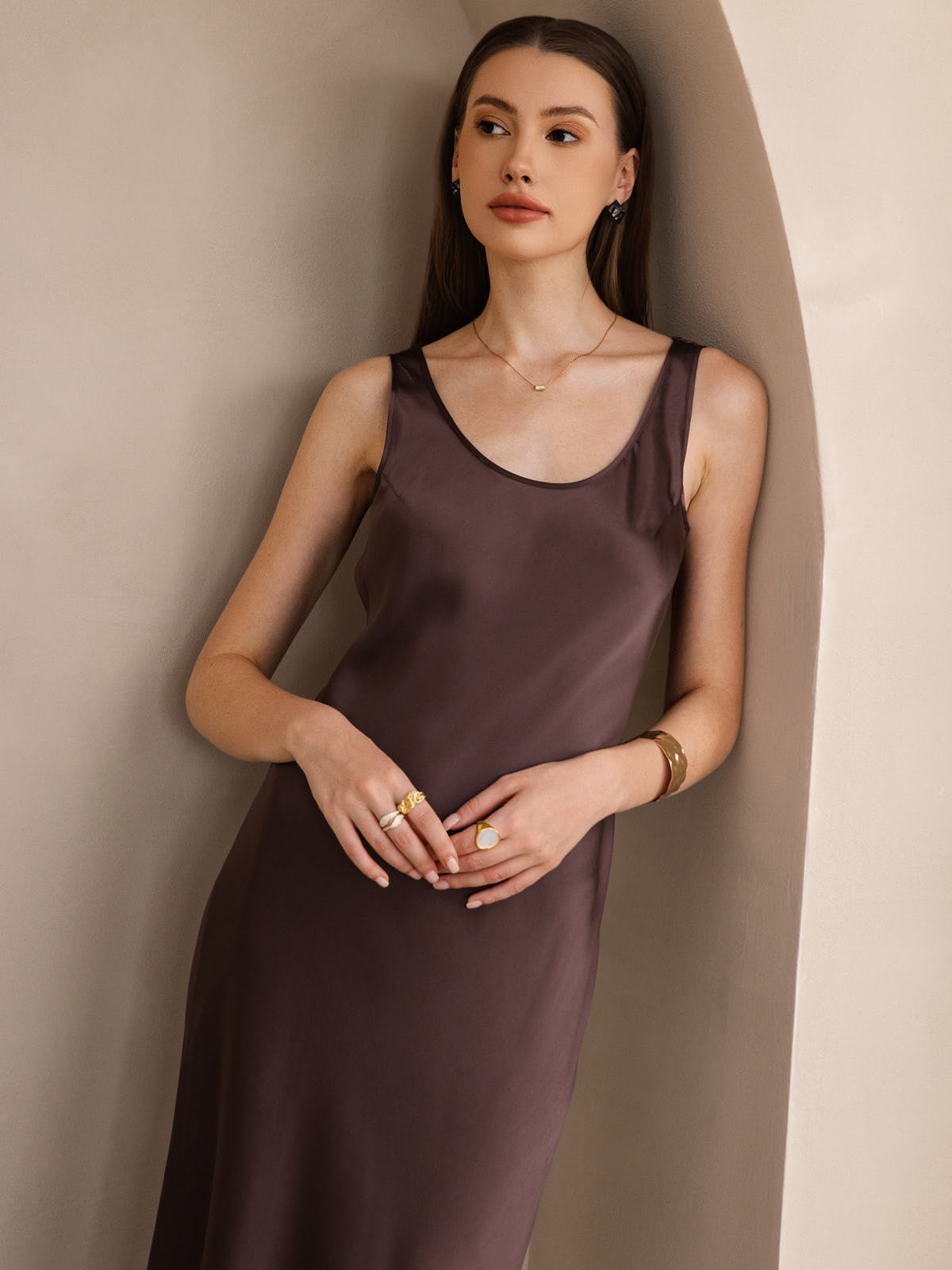 [Coffee] SilkSilky-AU Pure Silk Boat Neck Dress 003