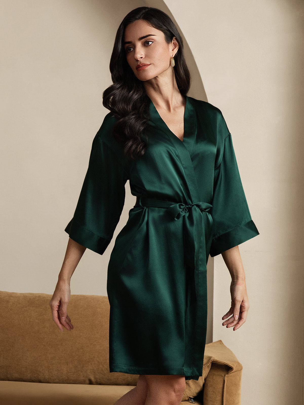 [Dark Green] SilkSilky-AU Pure Silk Half Sleeve Wrap Women's Dressing Gown 001