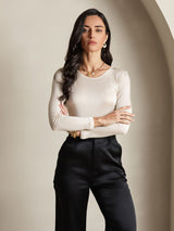 [Beige] SilkSilky-AU Silk Jersey Long Sleeve Round Neck Women's T-Shirt 005