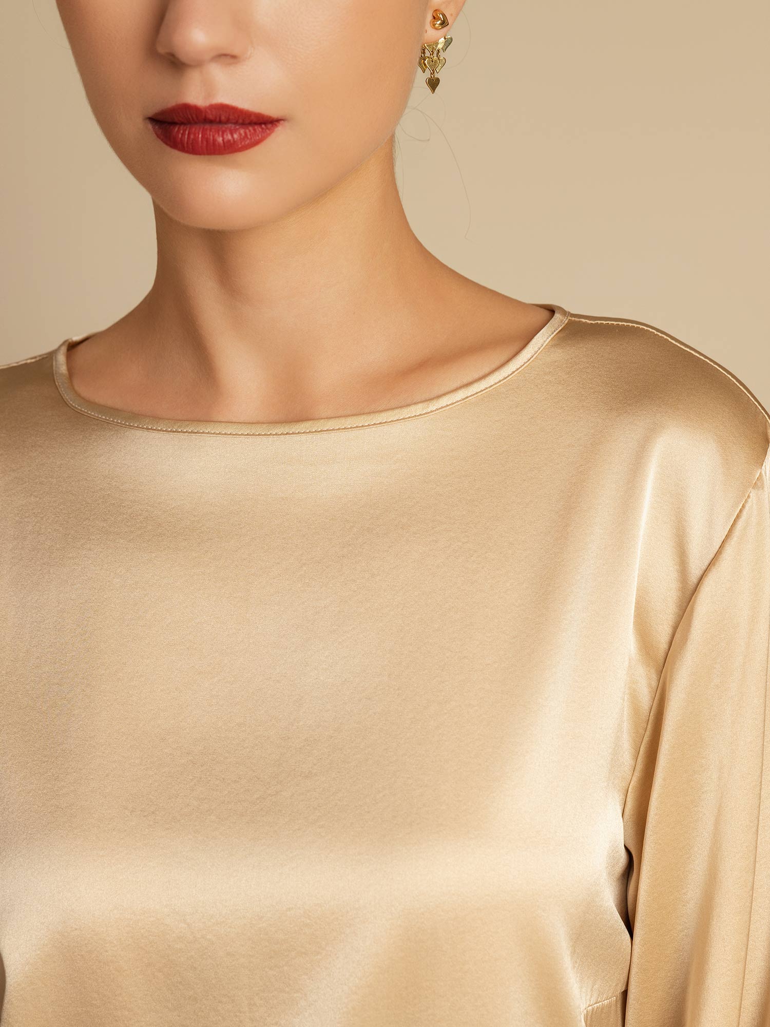 [Champagne] SilkSilky-AU 19Momme Silk Round Neck Women's T-Shirt 007