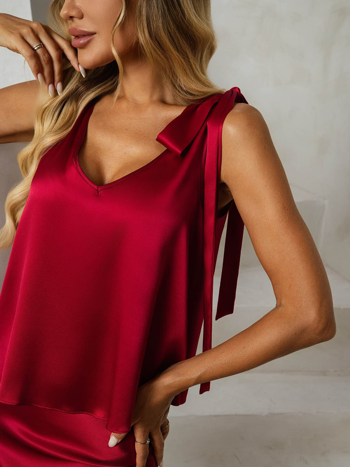 [Wine] SilkSilky-AU 19Momme Silk V Neck Women''s Outfit Sets 003