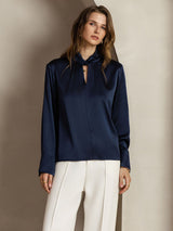 [Dark Blue] SilkSilky-AU 19Momme Silk Keyhole Neck Women's Shirt 005