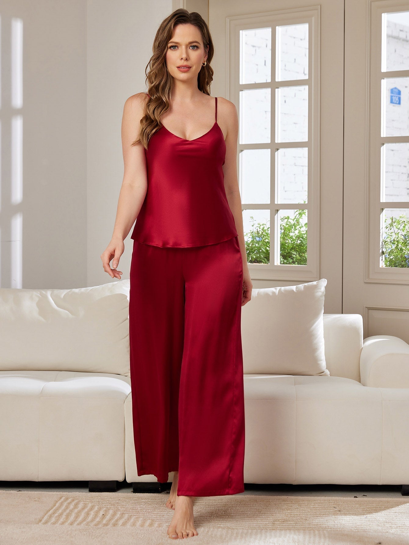 [Wine] SilkSilky-AU Spaghetti Strap V Neck Camisole Set 003