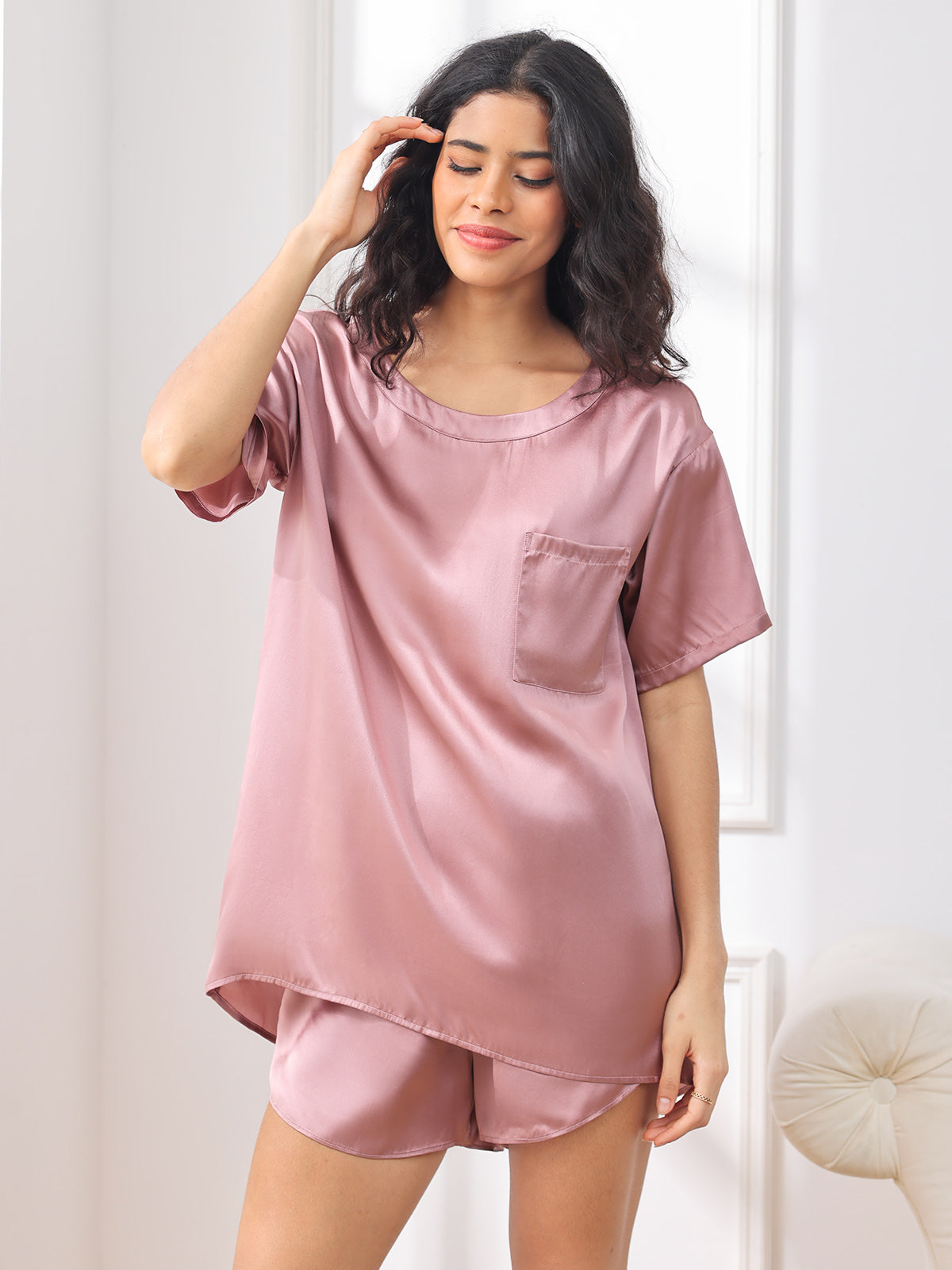 SilkSilky-AU Pure Silk Short Sleeve Round Neck Women's Pyjamas PaleMauve 003