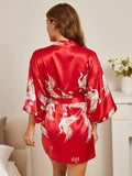 SilkSilky-AU 19Momme Pure Silk 3/4 Sleeve Deep V Neck Women's Dressing Gown DarkRed 002