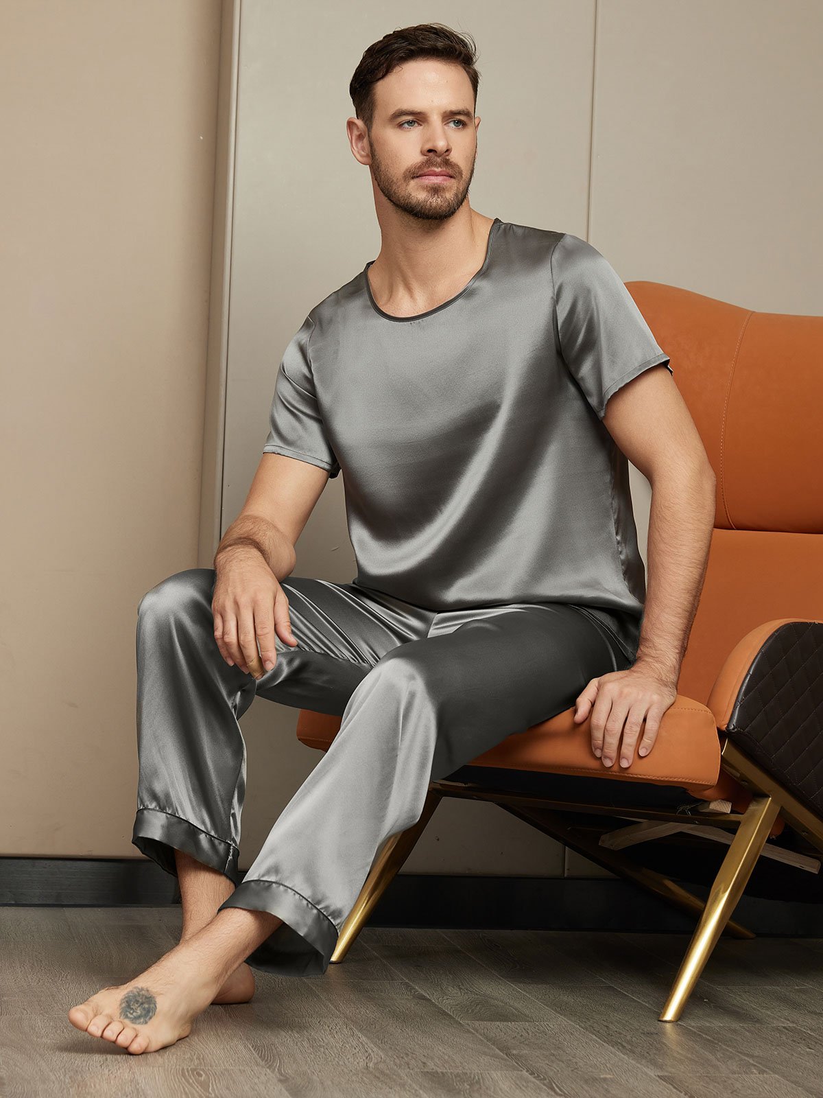 SilkSilky AU Pure Silk Short Sleeve Round Neck Men's Pyjamas DarkGray 004