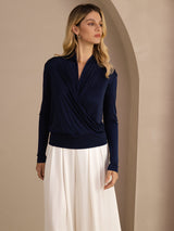 [Dark Blue] SilkSilky-AU Long Sleeve Wrap Women's Blouse 001