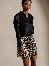 [Black] SilkSilky-AU 19Momme Stretch Silk Charmeuse Long Sleeve Lapel Collar Women's Shirt 005