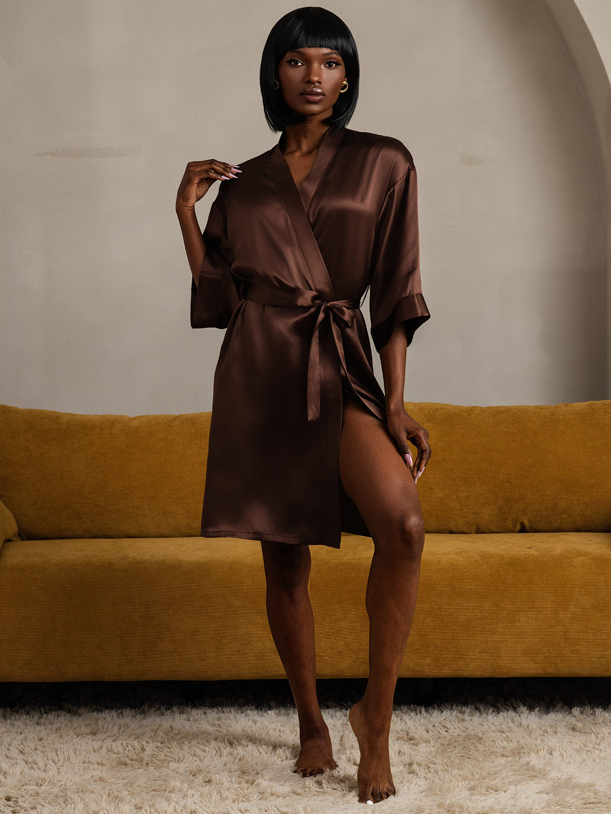 [Coffee] SilkSilky-AU Pure Silk Womens Robe 009