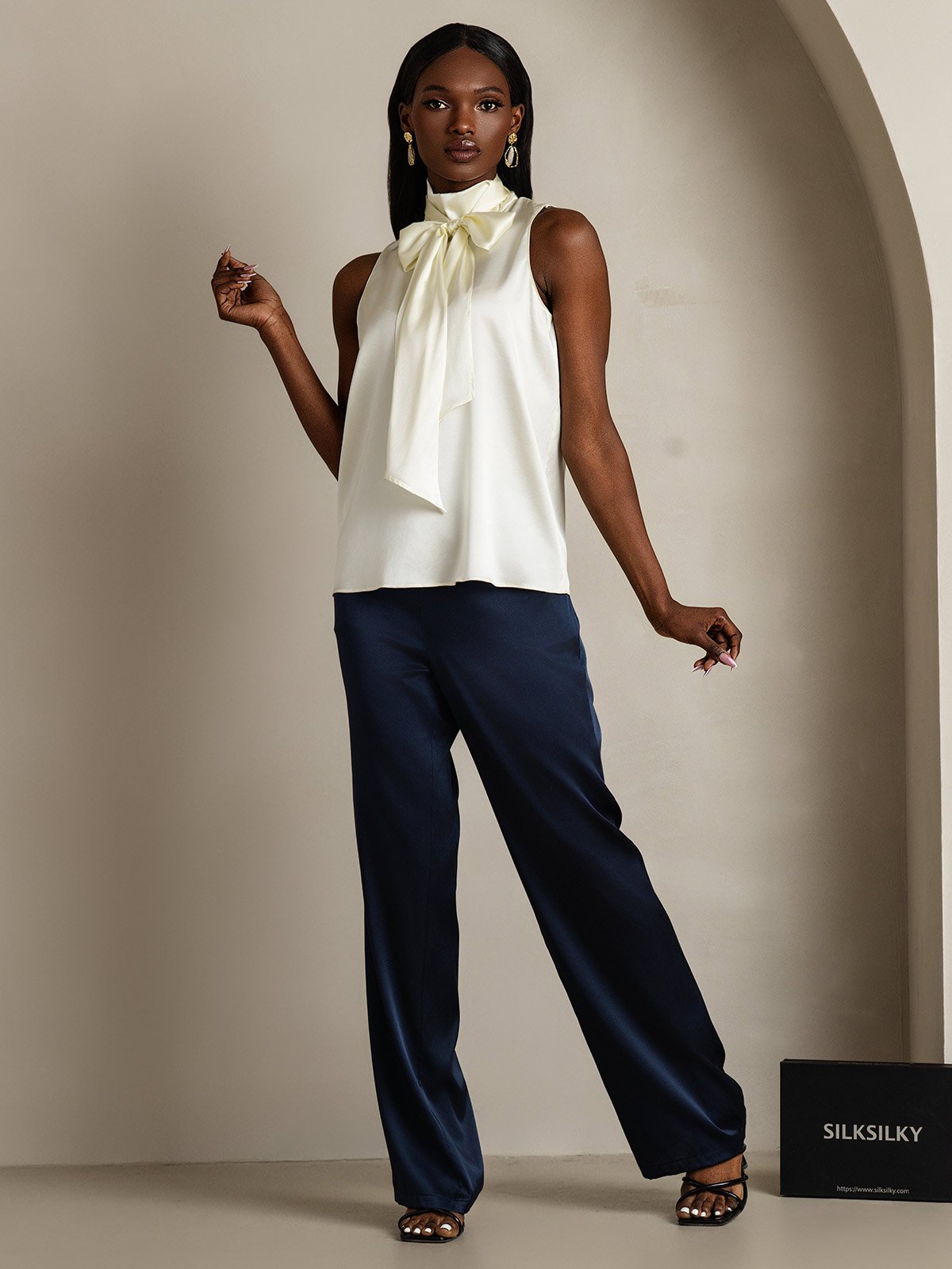 SilkSilky-AU 19Momme Silk Tie Neck Women's Shirt Ivory 007
