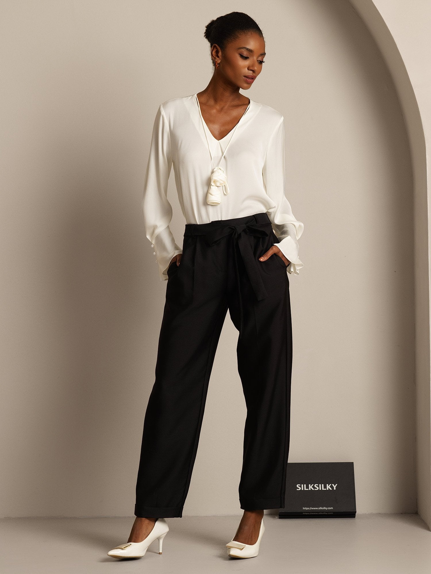 [Black] SilkSilky-AU 32Momme Wool Womens Pants 007,