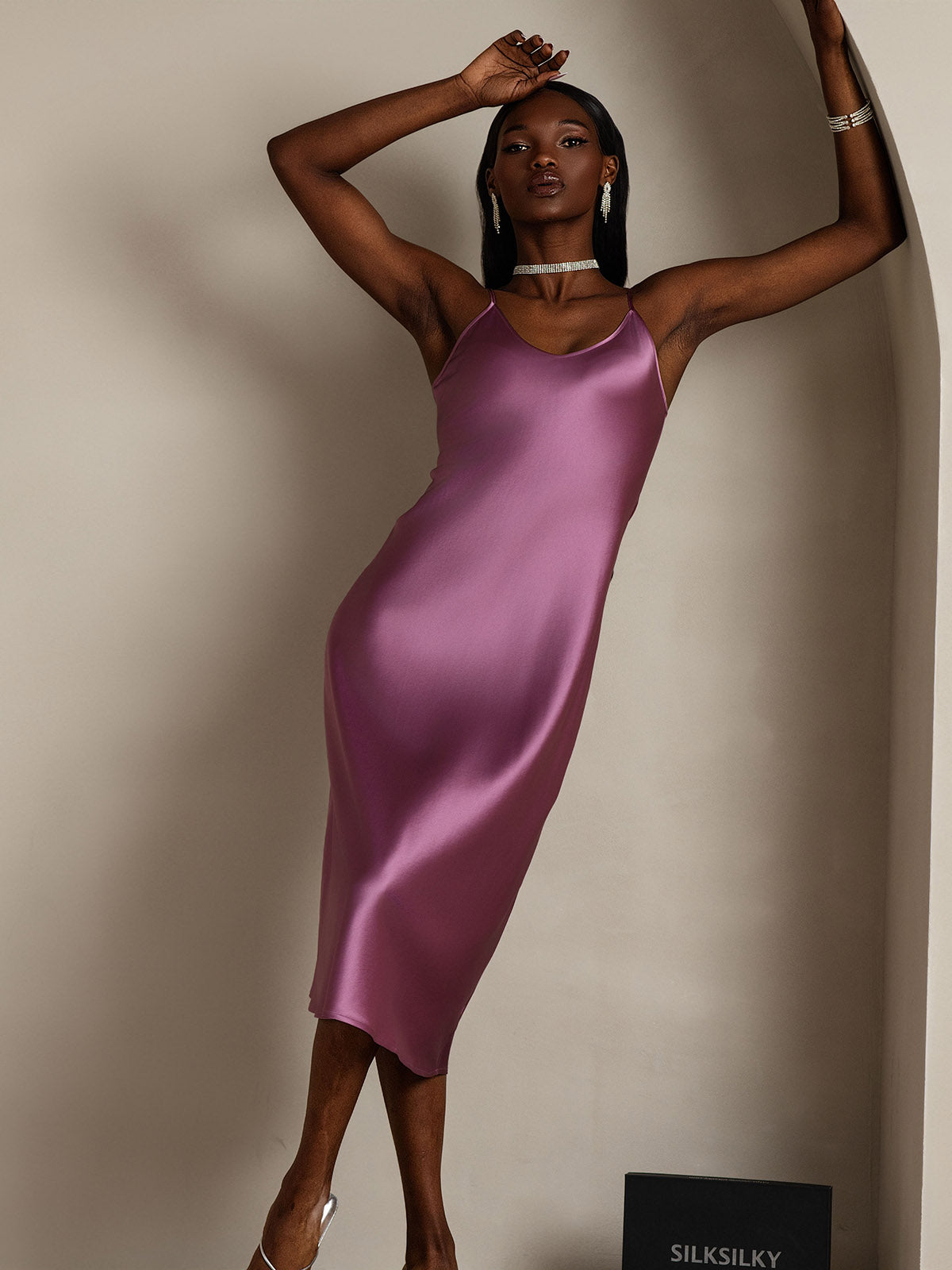 [Deep Purple] SilkSilky-AU Pure Silk Round Neck Dress 001,