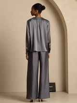 [Dark Gray] SilkSilky-AU 19Momme Stretch Silk Charmeuse Long Sleeve Round Neck Blouse 002
