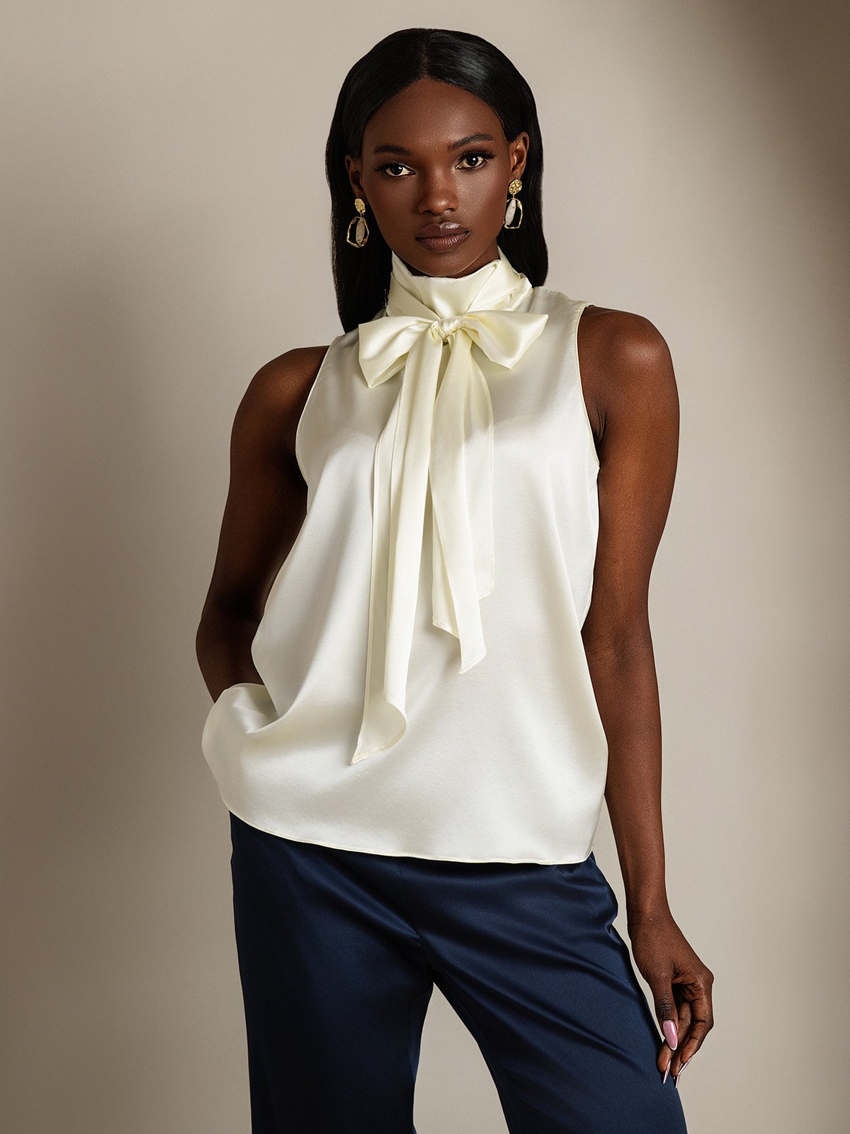 SilkSilky-AU 19Momme Silk Tie Neck Women's Shirt Ivory 004