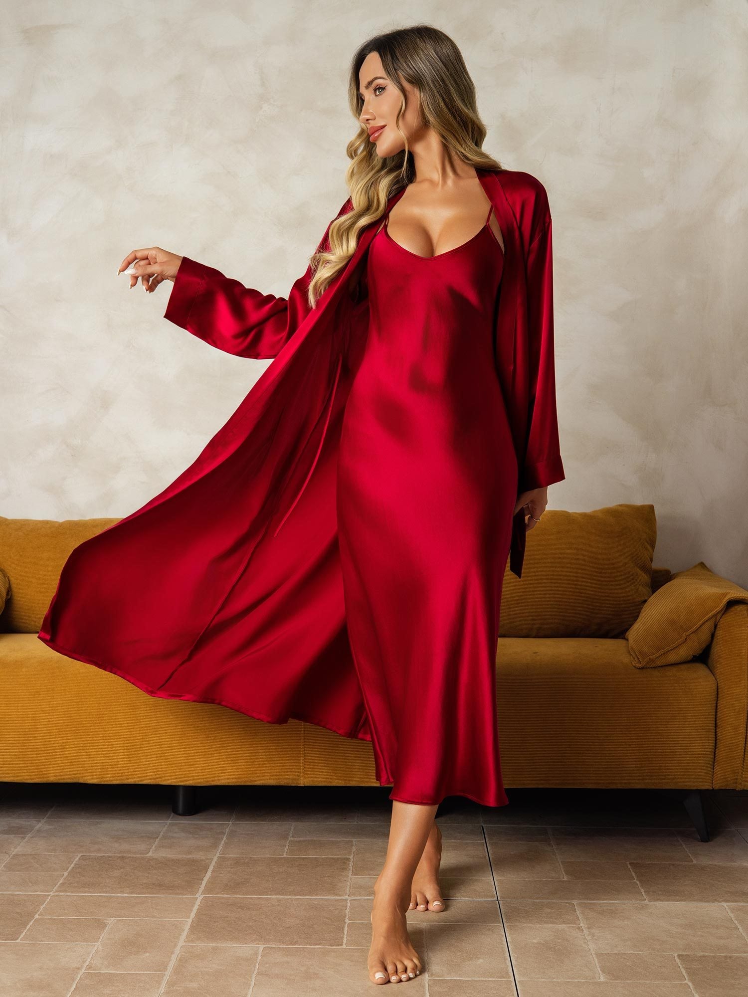 [Wine] SilkSilky-AU Pure Silk V Neck Nightgown&Dressing Gown Set 001