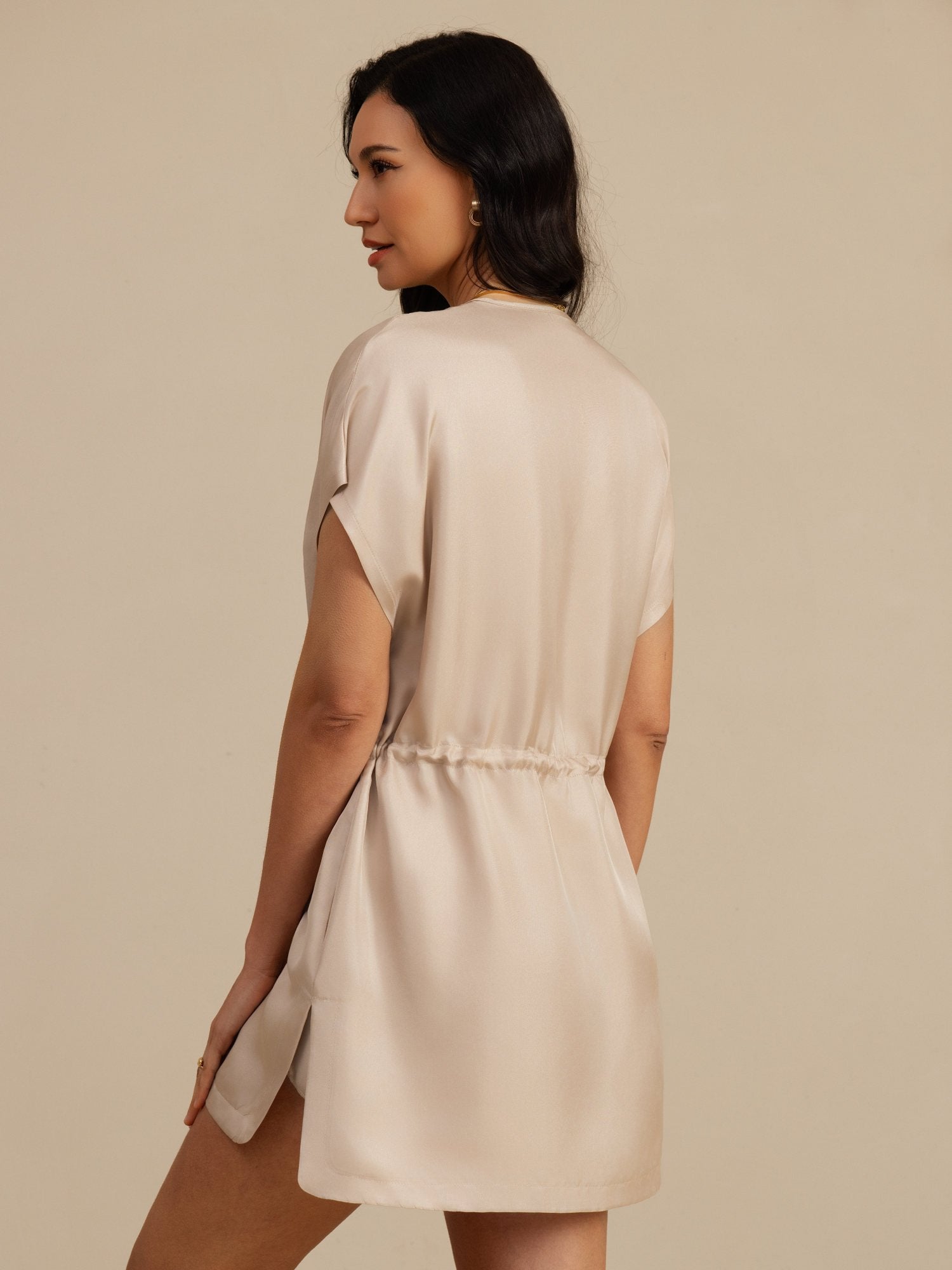 [Tan] SilkSilky-AU 18Momme Silk Satin Surah Cap Sleeve Henley Neck Dress 002