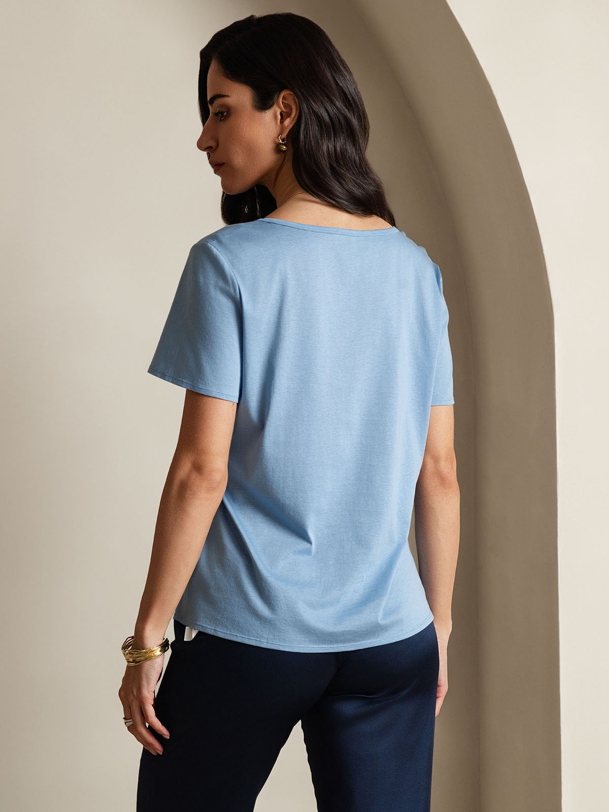 SilkSilky-AU Silk Short Sleeve V Neck Women's T-Shirt Blue 002