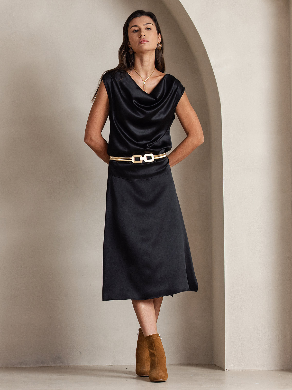 [Black] SilkSilky-AU 19Momme Silk Sleeveless Cowl Neck Women's T-Shirt 005