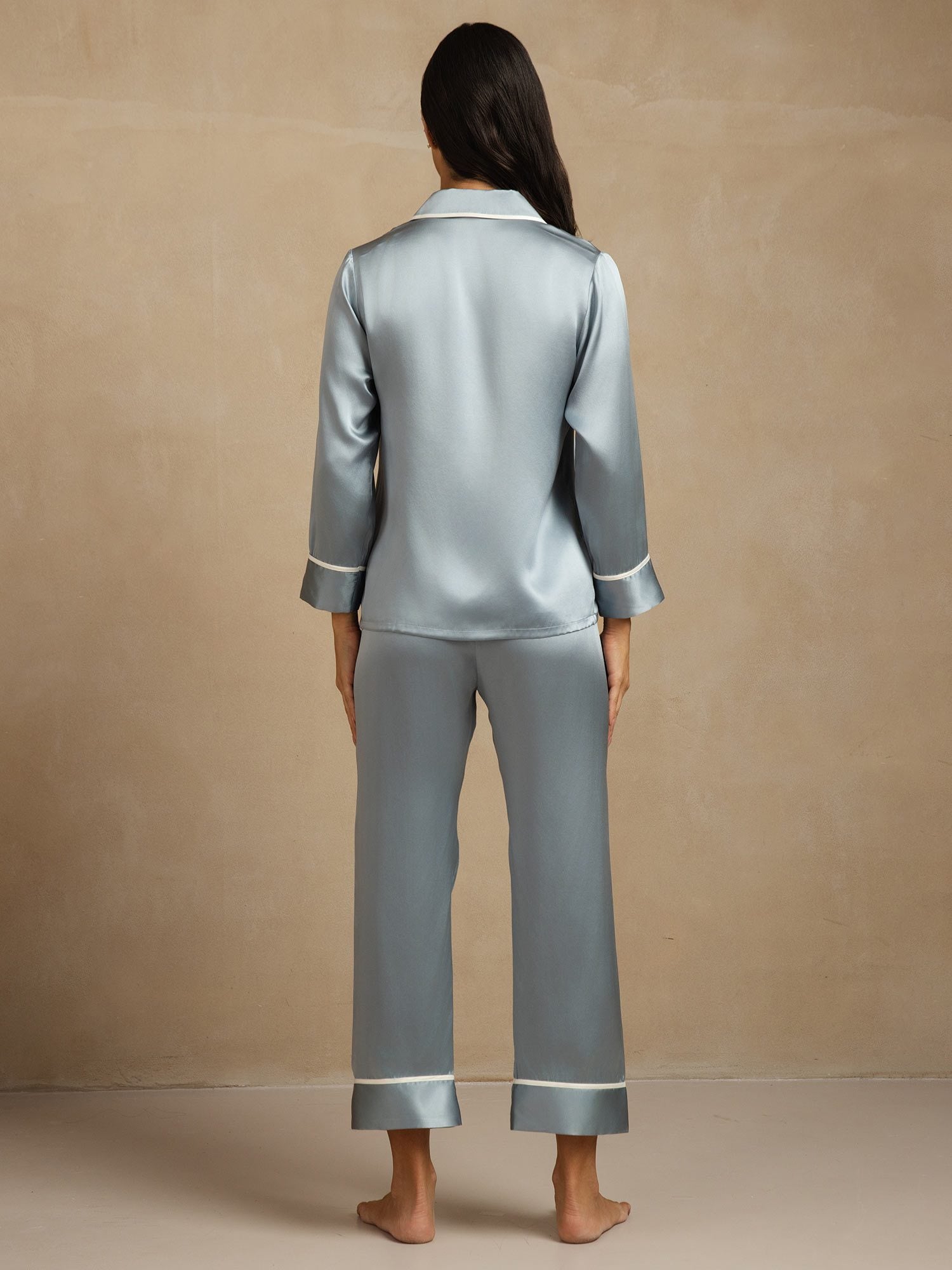 [GrayishBlue] SilkSilky-AU Pure Silk Lapel Collar Women's Pyjamas 002