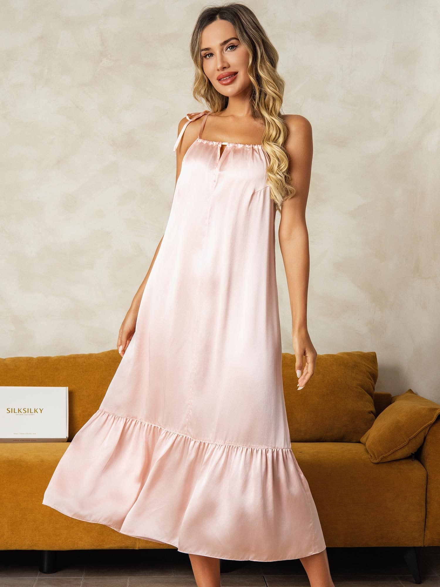 [Pink] SilkSilky-AU Pure Silk Keyhole Neck Nightgown 003