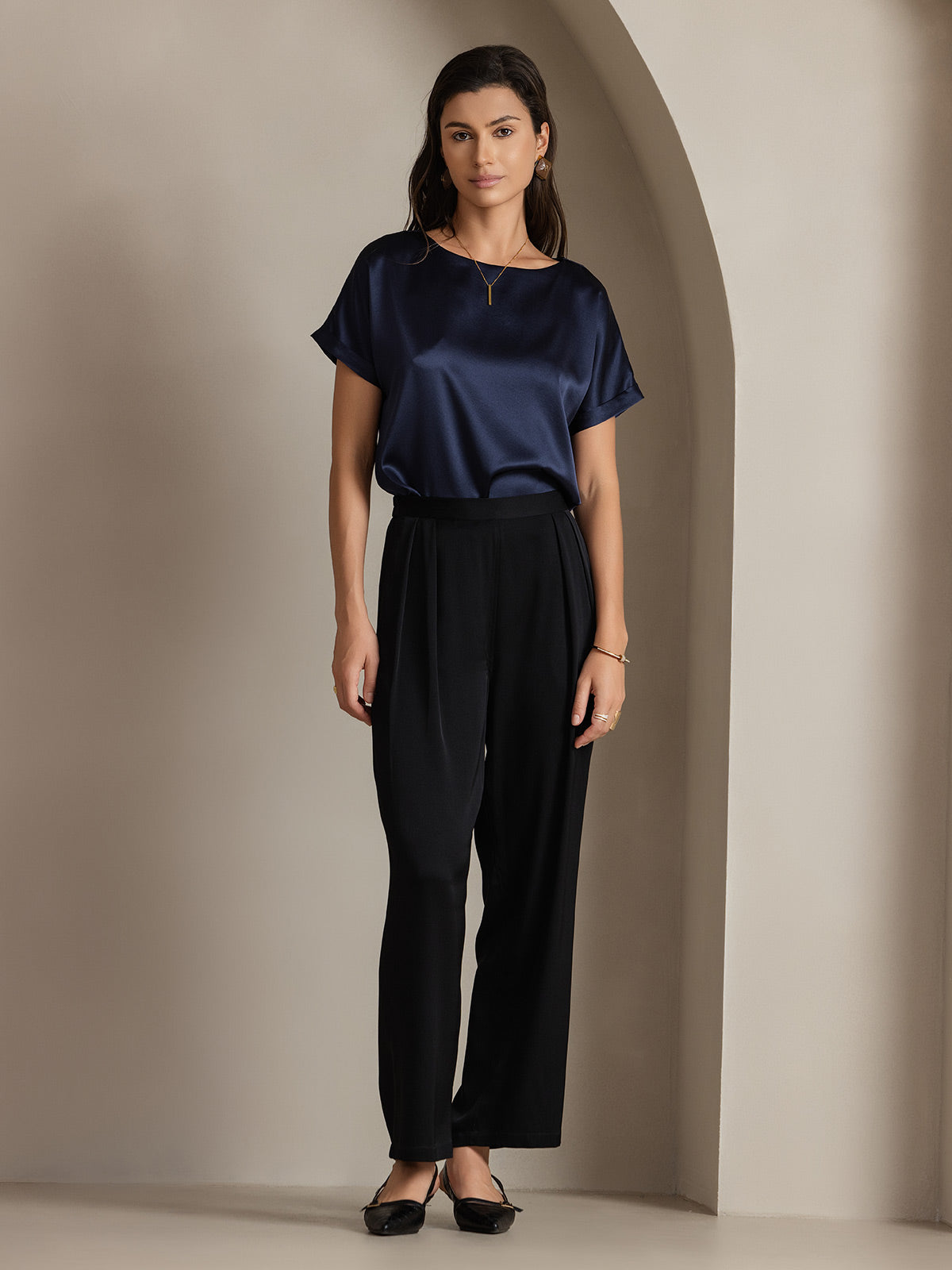 [Dark Blue] SilkSilky-AU 19Momme Silk Round Neck Women's T-Shirt 005