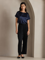 [Dark Blue] SilkSilky-AU 19Momme Stretch Silk Charmeuse Short Sleeve Boat Neck Women's T-Shirt 005