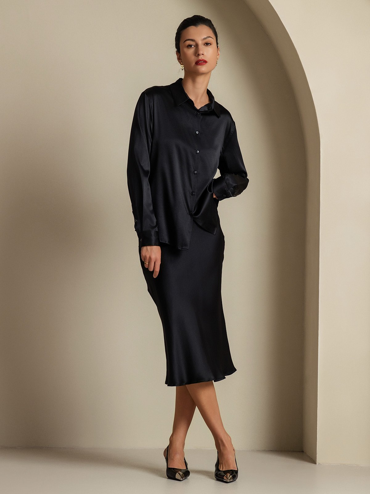 [Black] SilkSilky-AU 19Momme Silk Knitted Lapel Collar Women''s Outfit Sets 001,