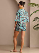 [Teal Botanical] SilkSilky-AU Half Sleeve Lapel Collar Women's Pyjamas 002