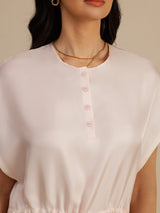 [Pink] SilkSilky-AU 18Momme Silk Satin Surah Cap Sleeve Henley Neck Dress 004