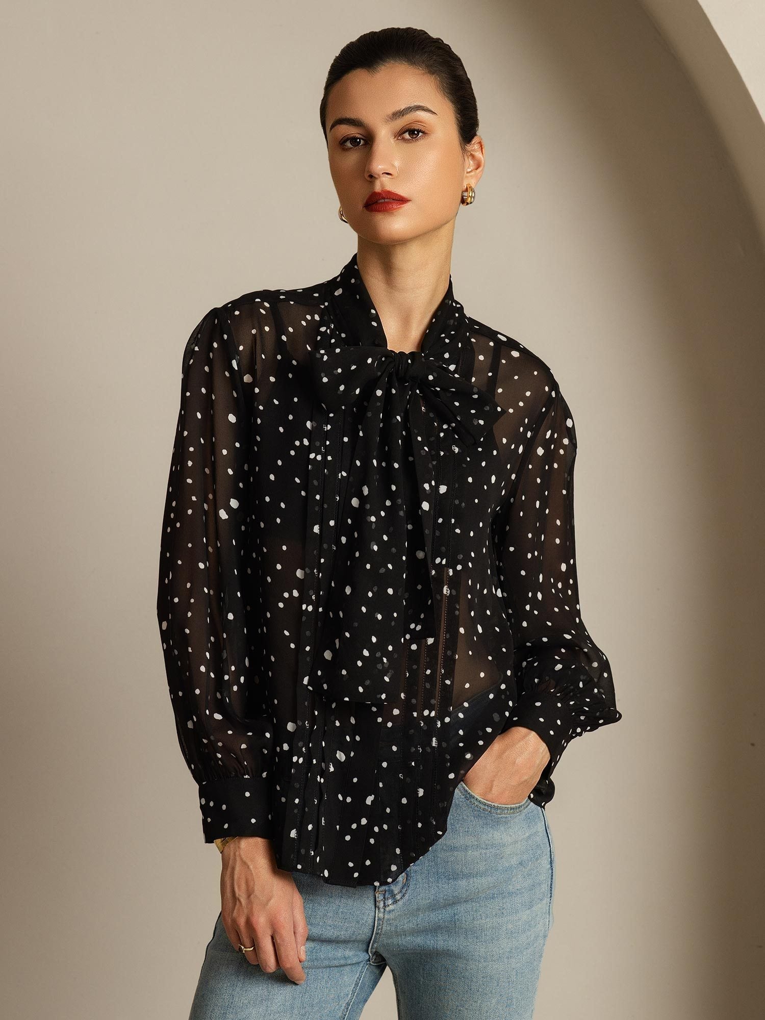 [PolkaDot] SilkSilky-AU Pure Silk Tie Neck Women's Shirt 006