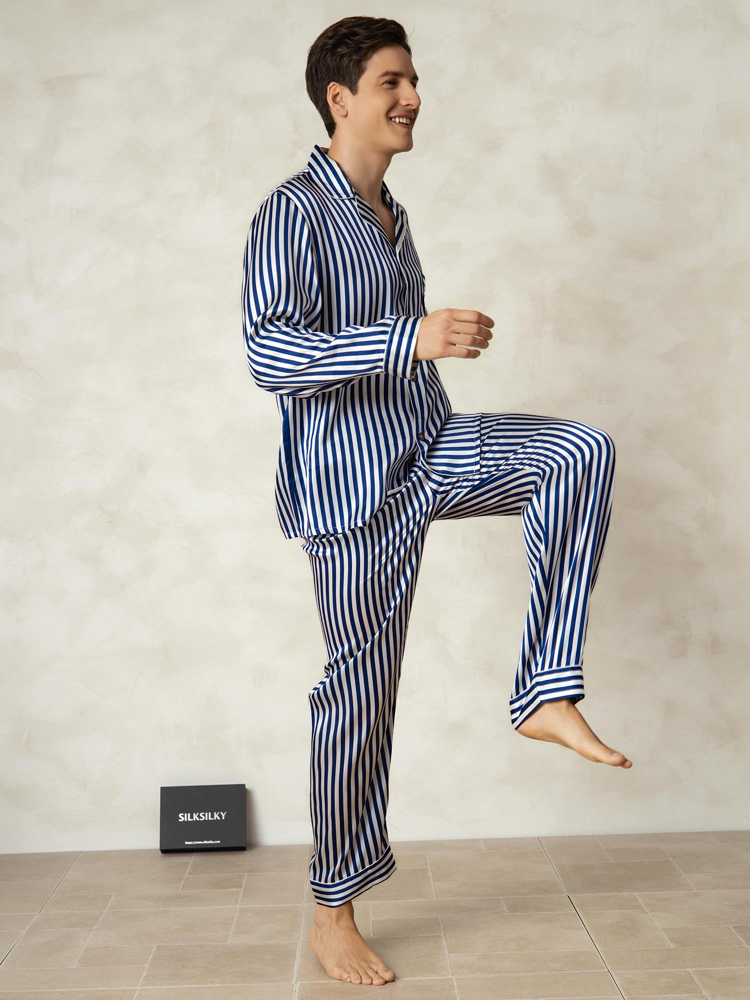 [Navy Stripe] SilkSilky-AU 19Momme Pure Silk Mens Pajamas 004