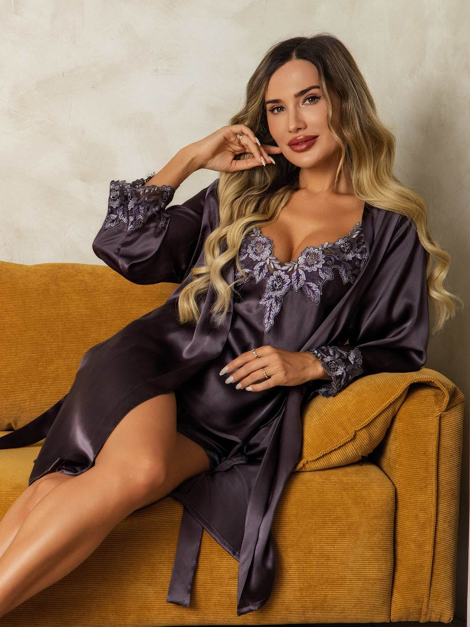 [PurpleGray] SilkSilky-AU Pure Silk V Neck Nightgown&Dressing Gown Set 005