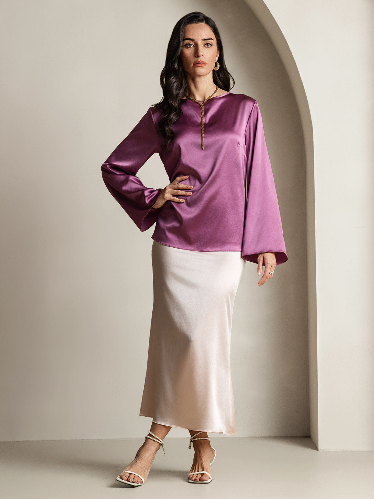 [Deep Purple] SilkSilky-AU 19Momme Silk Round Neck Women's T-Shirt 006