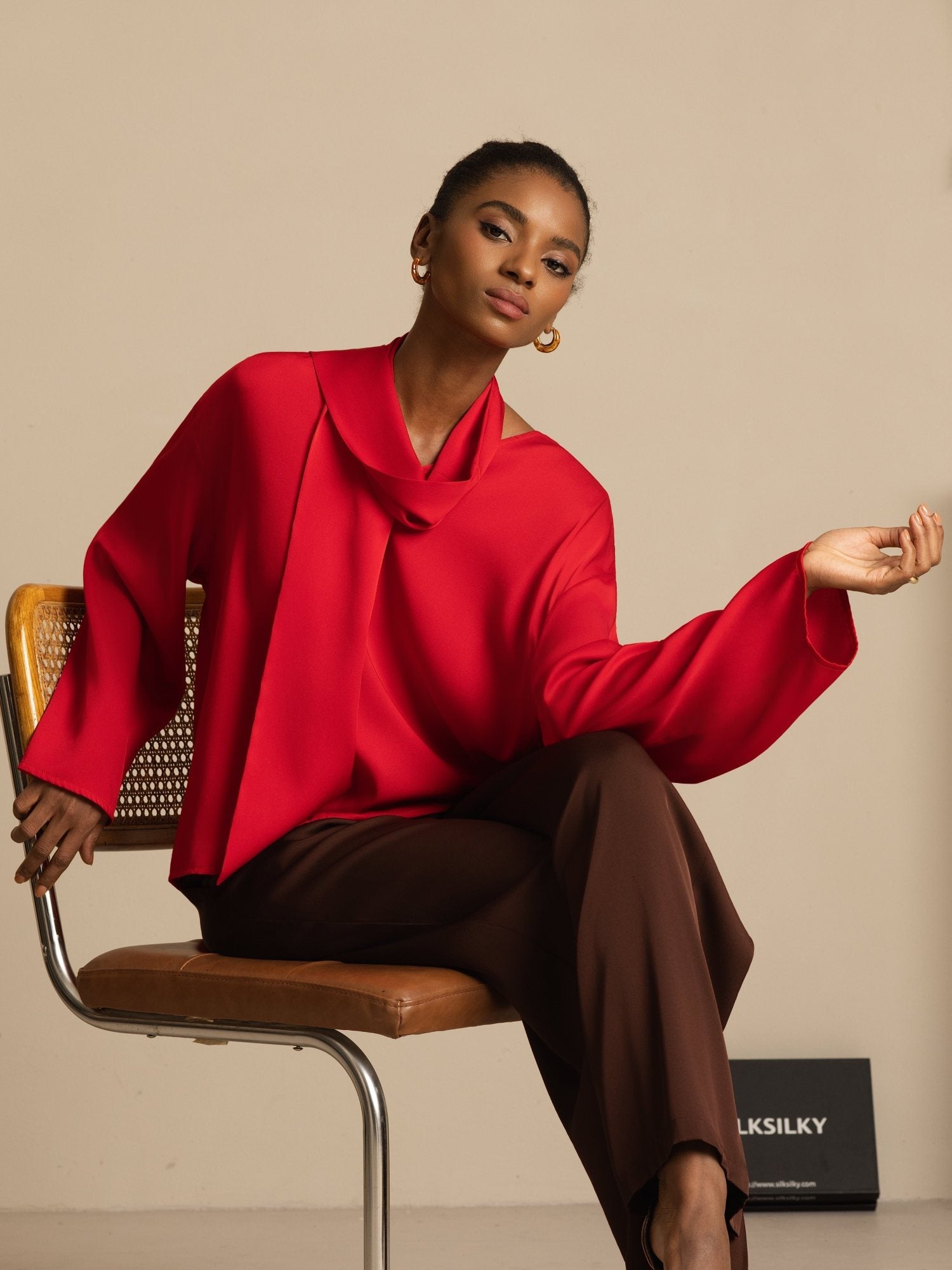 [Wine] SilkSilky-AU 19Momme Stretch Silk Double Georgette Long Sleeve V Neck Blouse 005