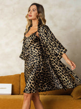 [Leopard] SilkSilky-AU 3/4 Sleeve V Neck Nightgown&Dressing Gown Set 003