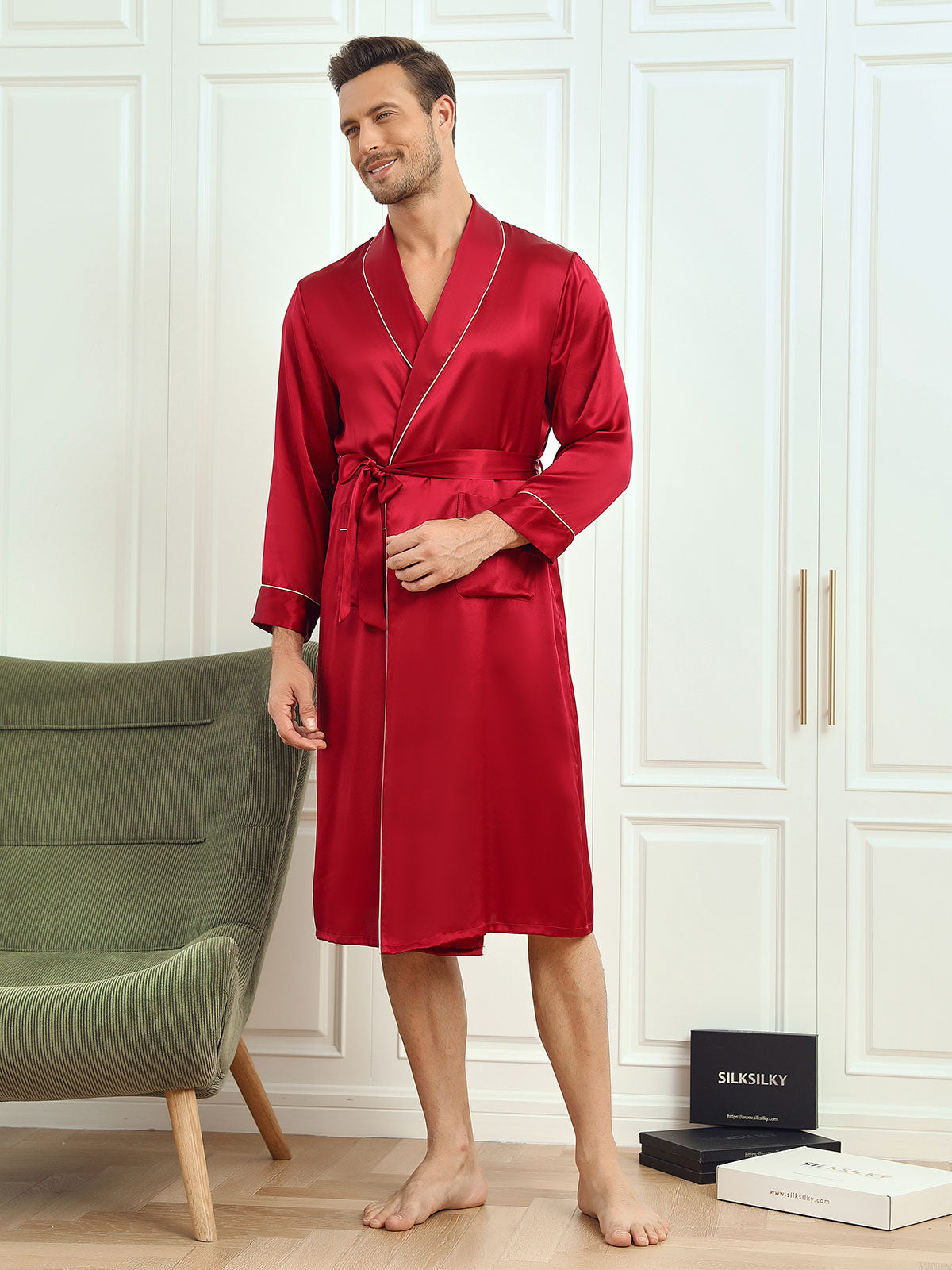 SilkSilky AU Pure Silk Long Sleeve Lapel Men's Dressing Gown Wine 003