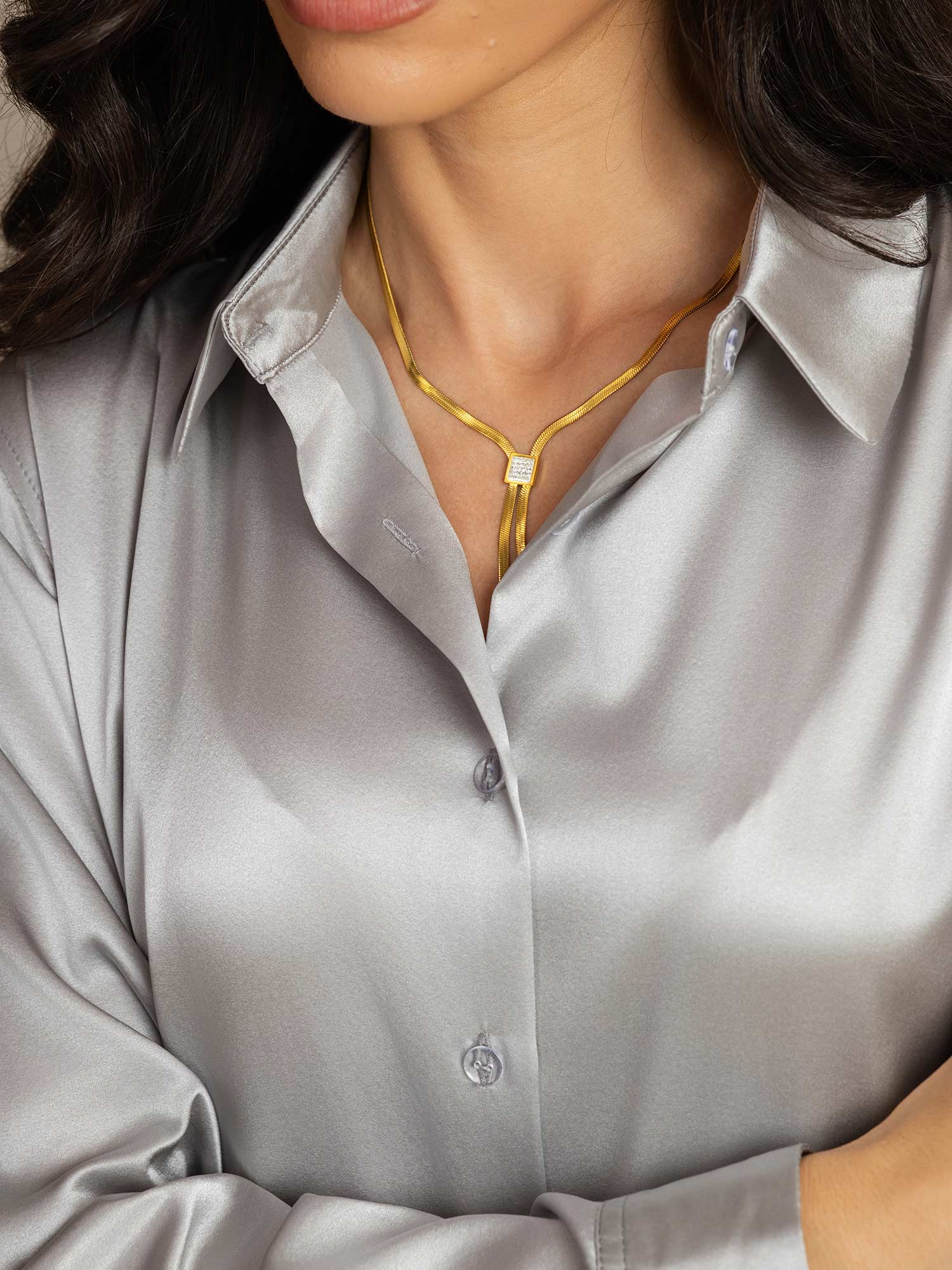 [Light Gray] SilkSilky-AU Silk Long Sleeve Lapel Collar Women's Shirt 006