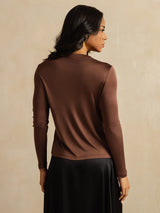 [Coffee] SilkSilky-AU 100% Silk Jersey Long Sleeve Crew Neck Women's T-Shirt 002