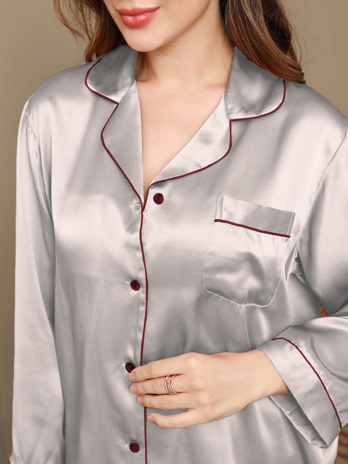 SilkSilky-AU Pure Silk Long Sleeve Lapel Women's Pyjamas Silver 006